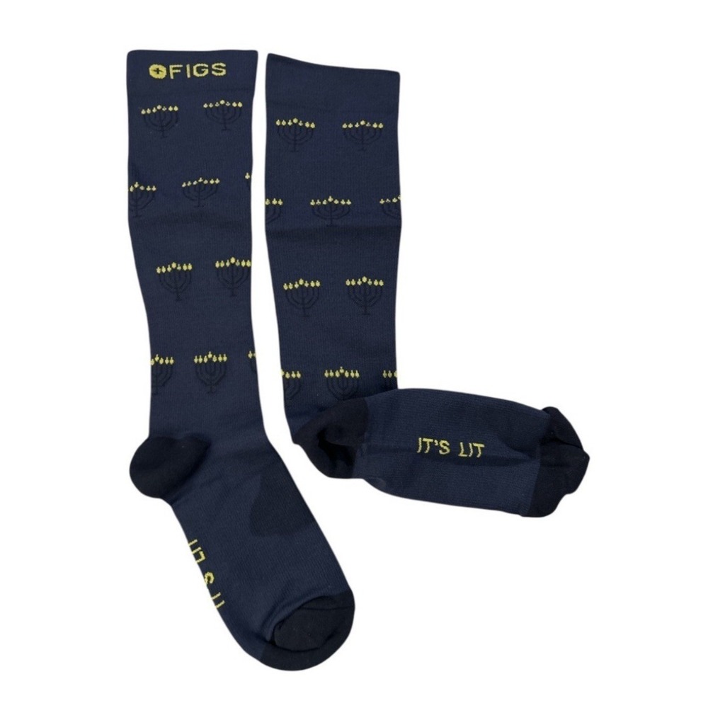Figs Hanukkah Menorah Compression Socks Navy Blue Its Lit Mens Womens M/M New